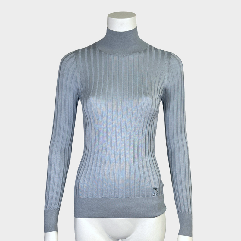 Burberry women's baby blue ribbed silk roll-neck top