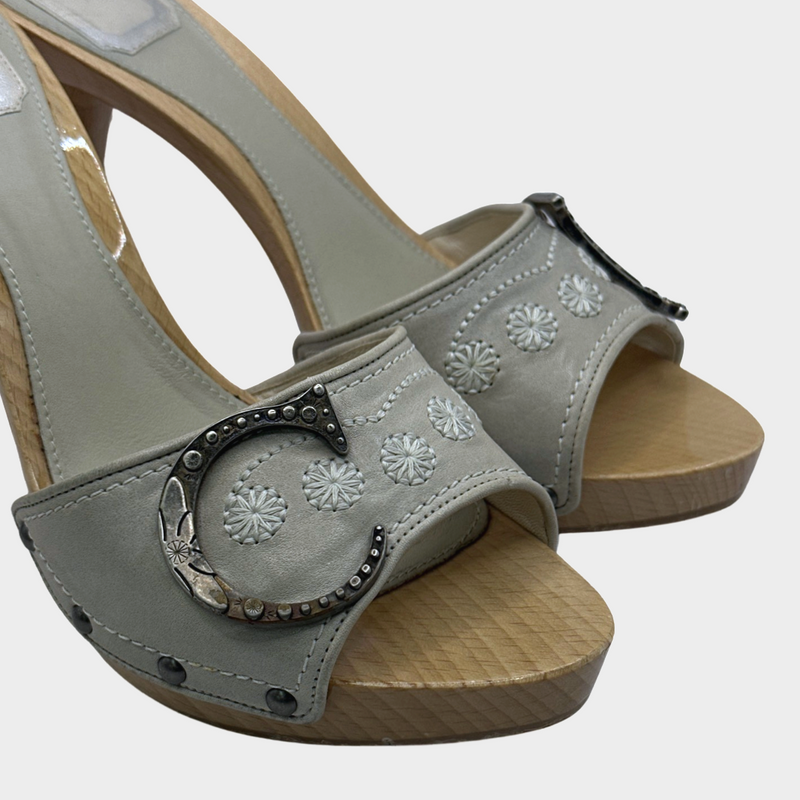 Christian Dior grey leather and wood heeled sandals