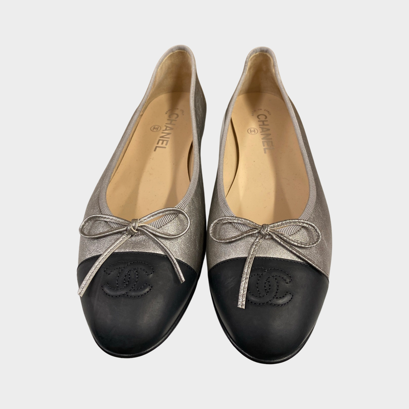Chanel women's silver leather ballet flats with black fronts