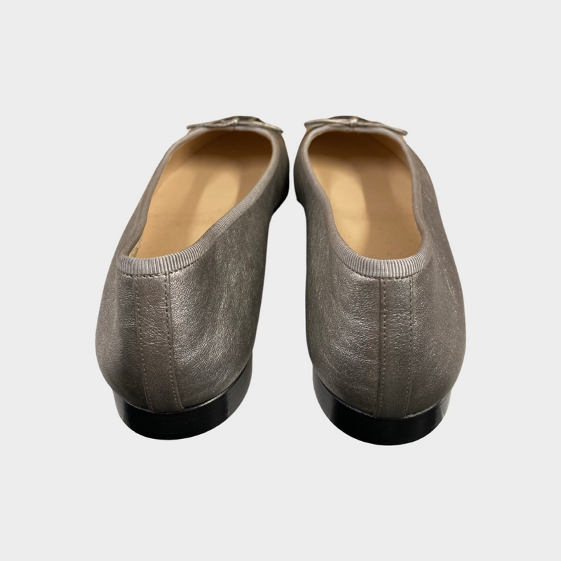 Chanel women's silver leather ballet flats with black fronts