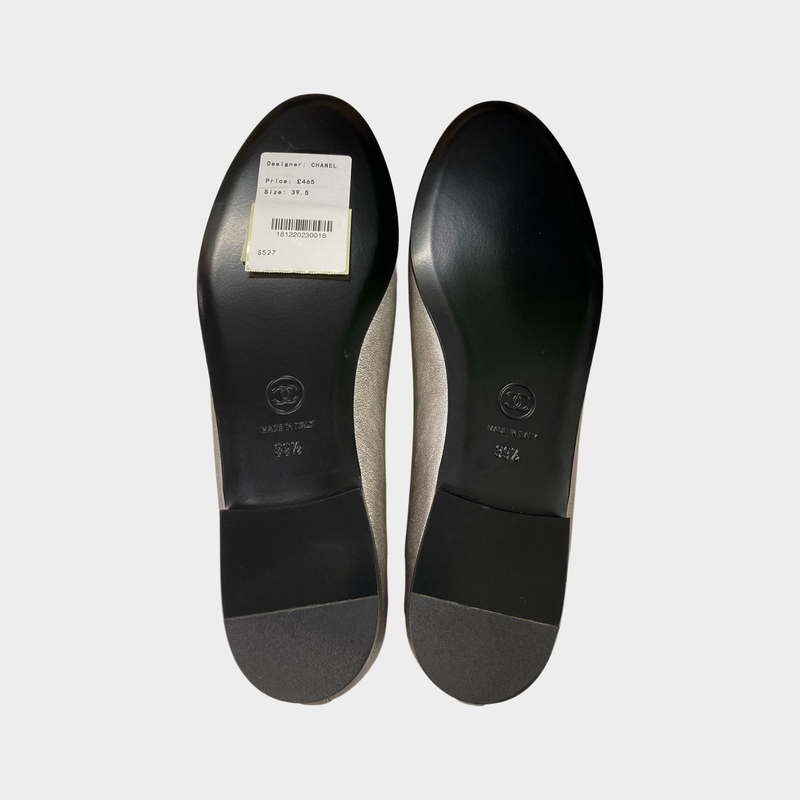 Chanel women's silver leather ballet flats with black fronts