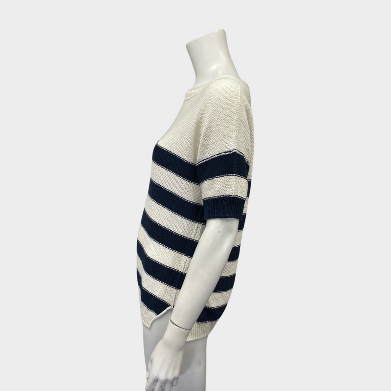Loro Piana women's white and navy striped cotton short sleeve jumper