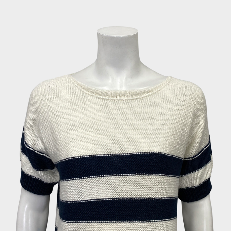 Loro Piana women's white and navy striped cotton short sleeve jumper