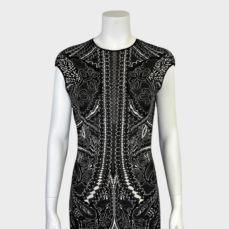 Alexander McQueen black and white paisley jacquard silk/wool dress