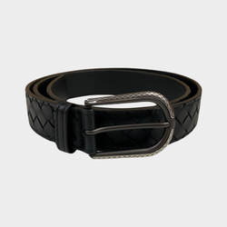 Bottega Veneta black intrecciato leather belt with silver buckle