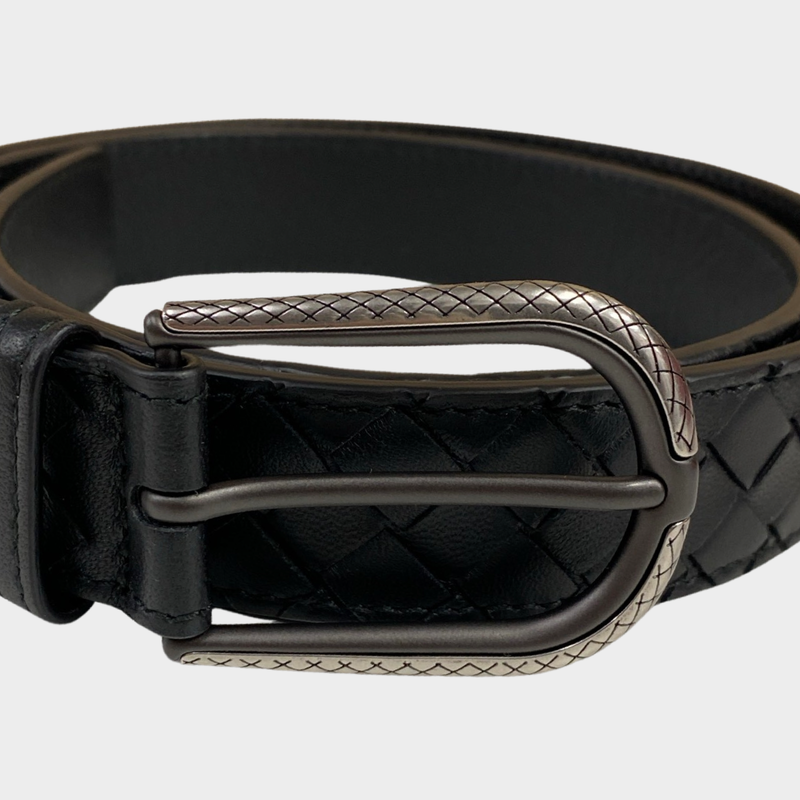 Bottega Veneta black intrecciato leather belt with silver buckle