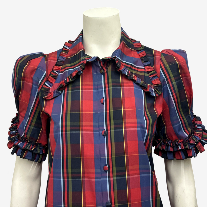 The Vampire's Wife Red and Blue Cotton Tartan Plaid Button-Down Dress