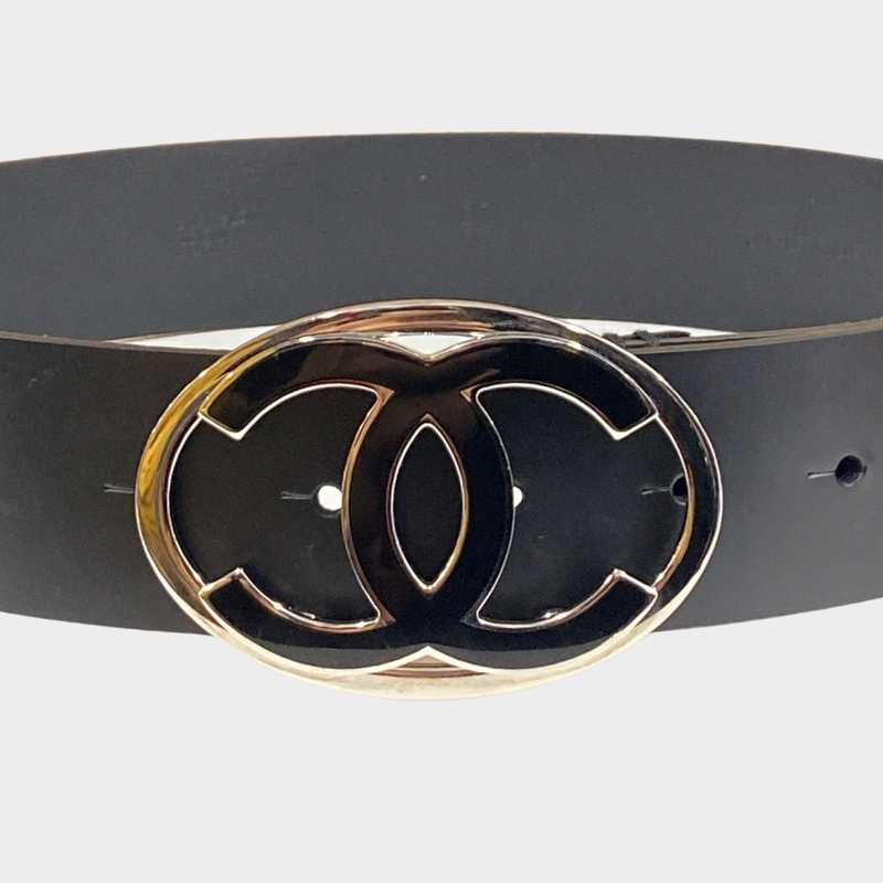 Chanel women's black leather metal buckle belt