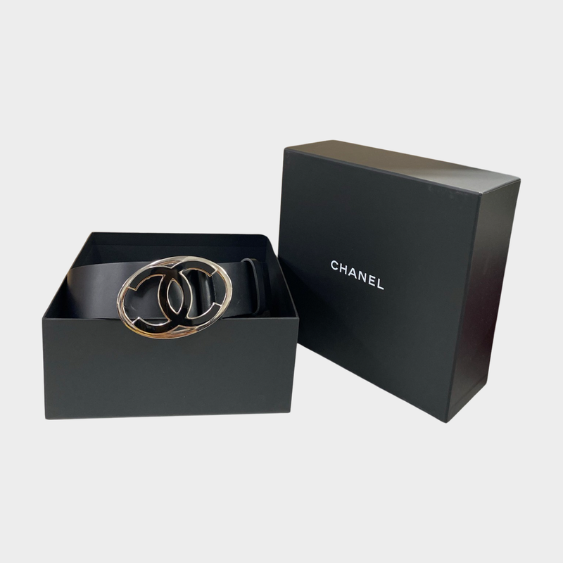 Chanel women's black leather metal buckle belt