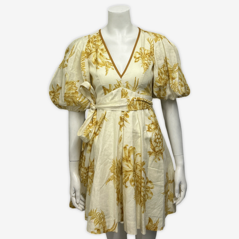 Zimmermann White and Yellow Pineapple Print Linen Dress