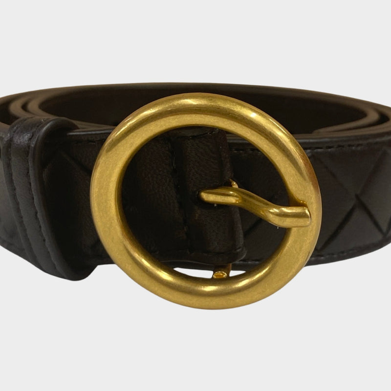 Bottega Veneta women's black leather intrecciato belt with gold buckle