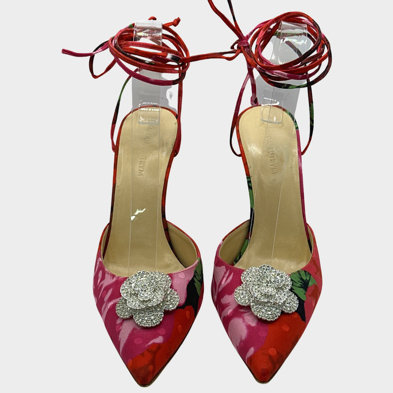 Magda Butrym red floral polka dot satin heels with embellishment