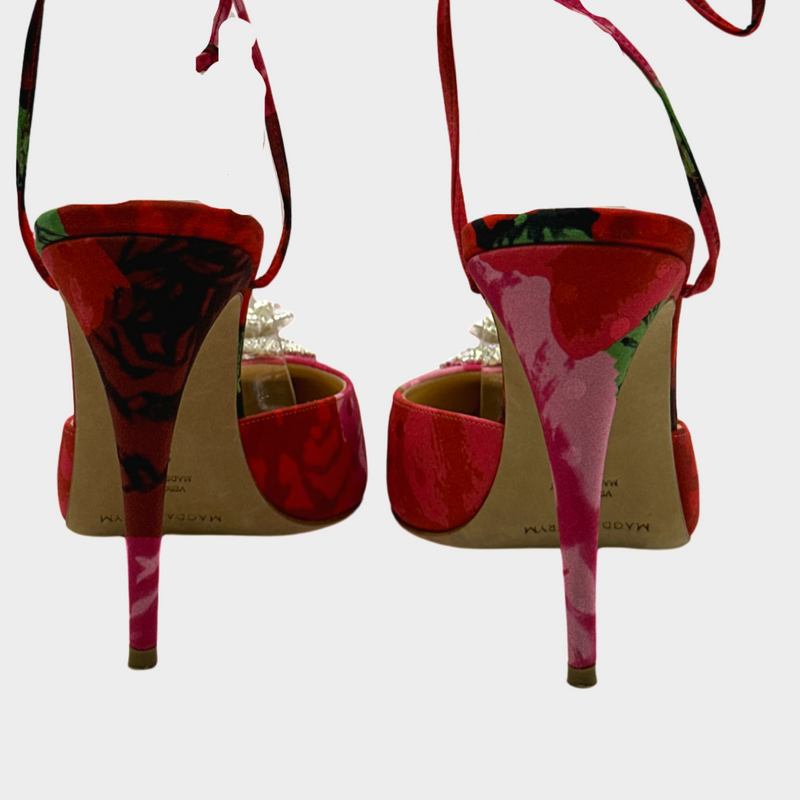 Magda Butrym red floral polka dot satin heels with embellishment