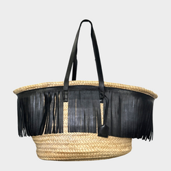 Saint Laurent women's black and beige panier raffia basket tote with leather fringe trims