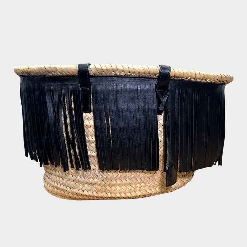 Saint Laurent women's black and beige panier raffia basket tote with leather fringe trims