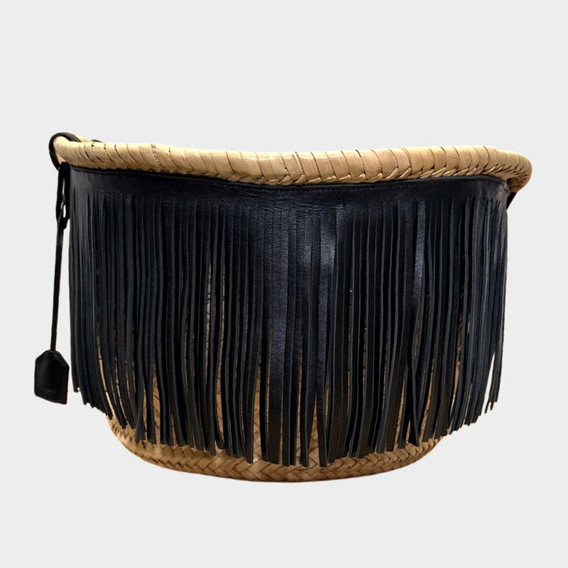 Saint Laurent women's black and beige panier raffia basket tote with leather fringe trims