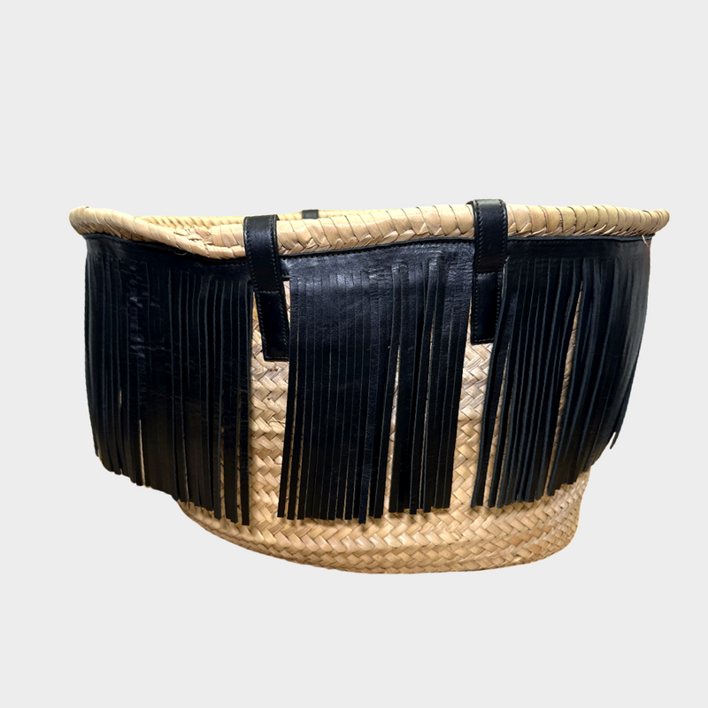 Saint Laurent women's black and beige panier raffia basket tote with leather fringe trims