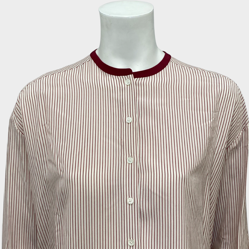 Loro Piana women's white and burgundy striped silk loose-fit shirt