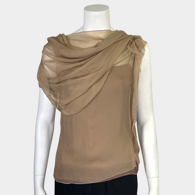 Lanvin light brown silk sleeveless draped blouse