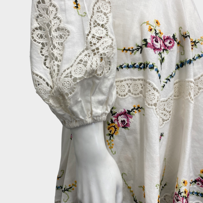 Zimmermann white floral embroidered linen dress with lace panels