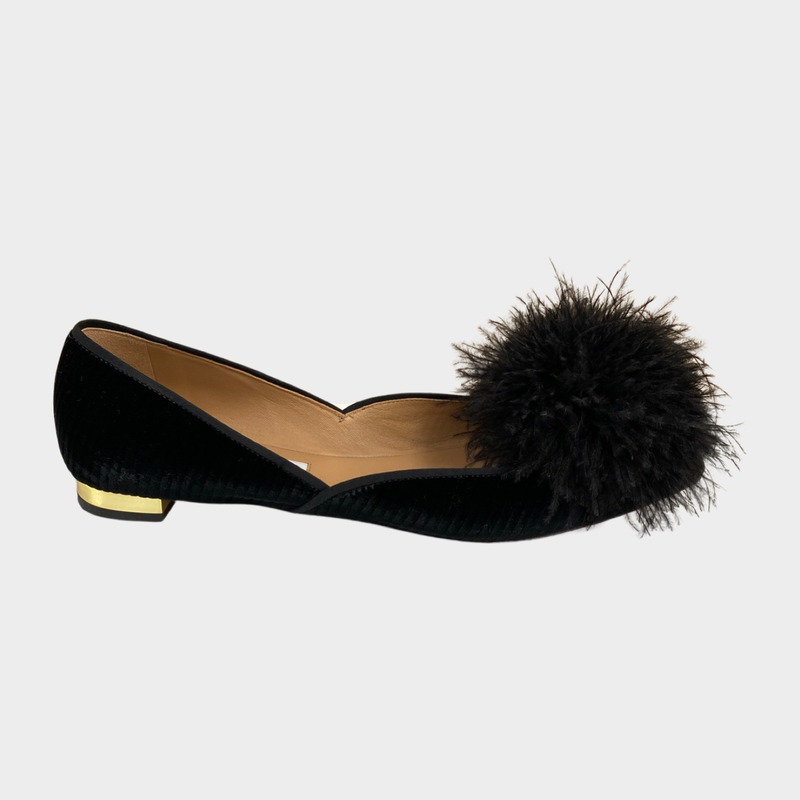 Aquazzura black velvet Pom Pom flats