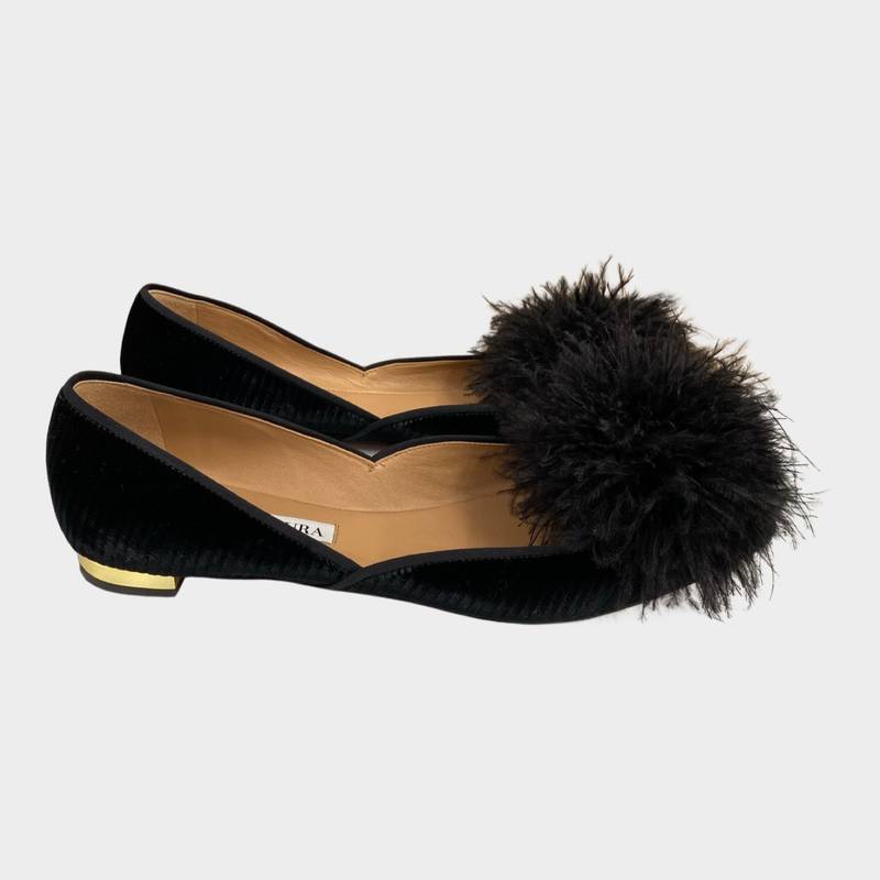 Aquazzura black velvet Pom Pom flats