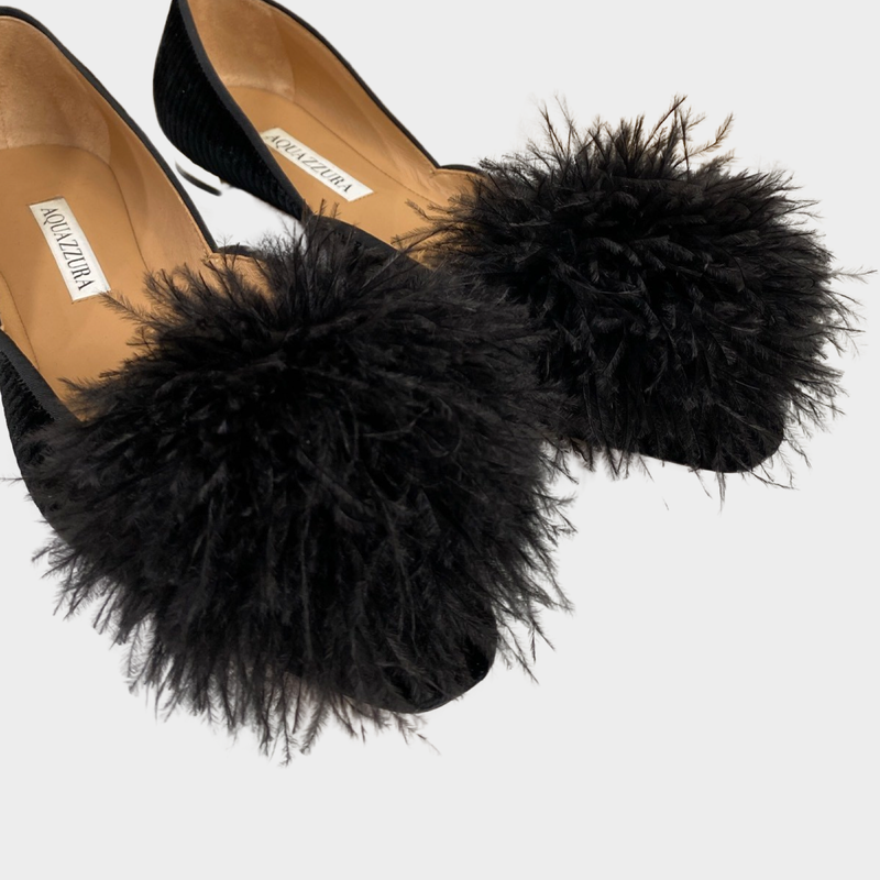 Aquazzura black velvet Pom Pom flats