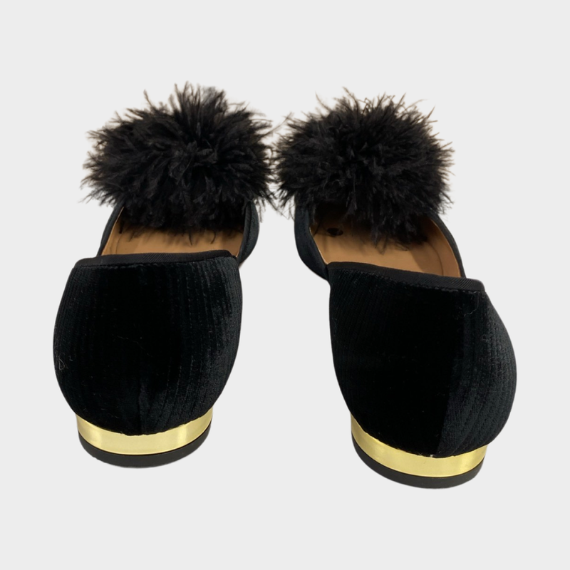 Aquazzura black velvet Pom Pom flats