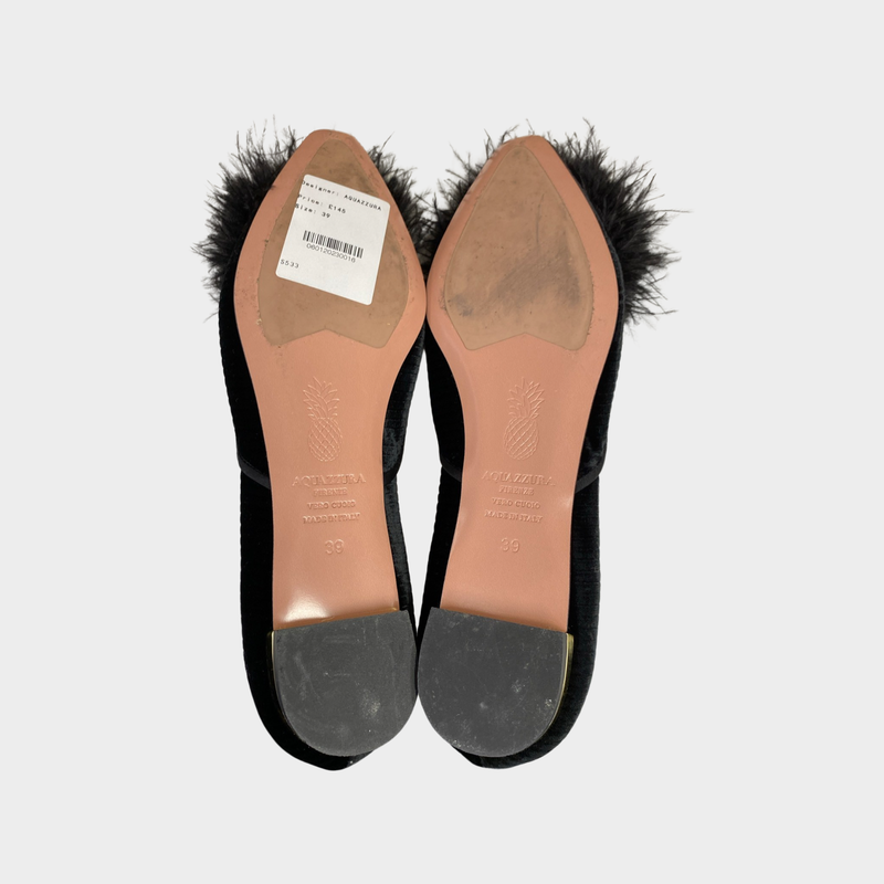 Aquazzura black velvet Pom Pom flats