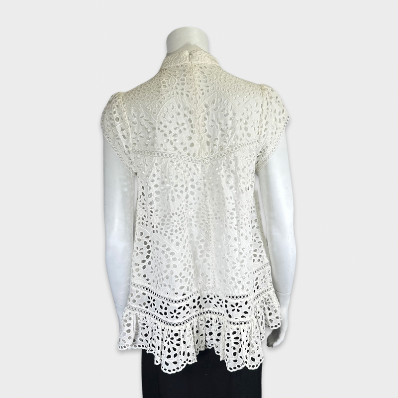 Zimmermann women's white lace embroidery high-neck blouse with capped sleeves