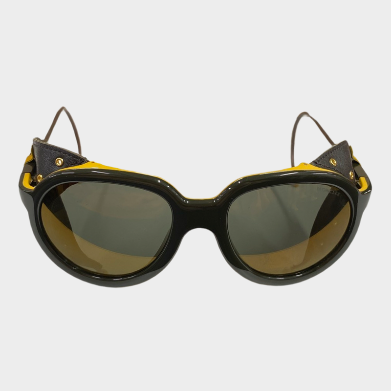 Moncler men's brown and yellow sunglasses with leather sides