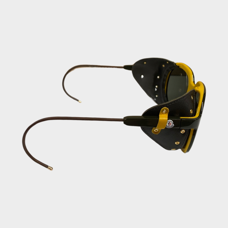 Moncler men's brown and yellow sunglasses with leather sides