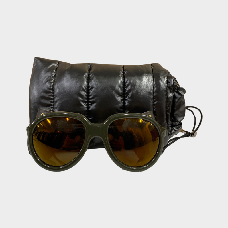 Moncler men's brown and yellow sunglasses with leather sides