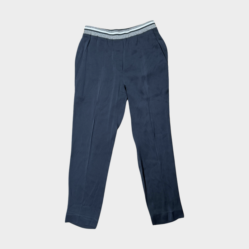Brunello Cucinelli women's navy silk trousers with elasticated waist