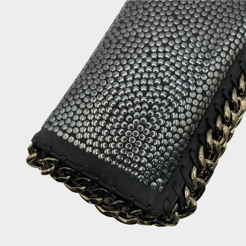 Stella McCartney grey Falabella faux suede clutch with studs and chain details