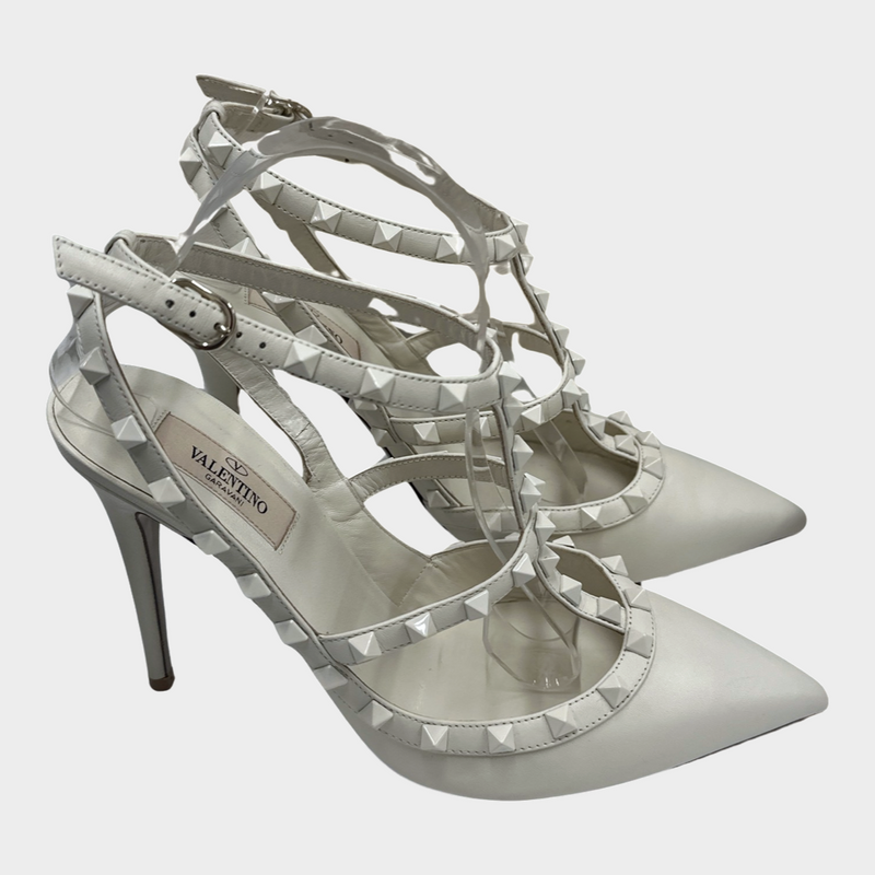Valentino ecru patent leather caged pumps with rockstuds trims