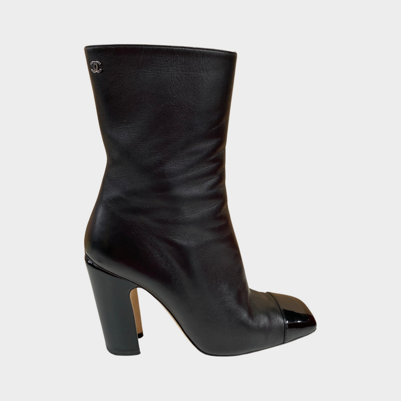 Chanel black leather boots with patent leather front