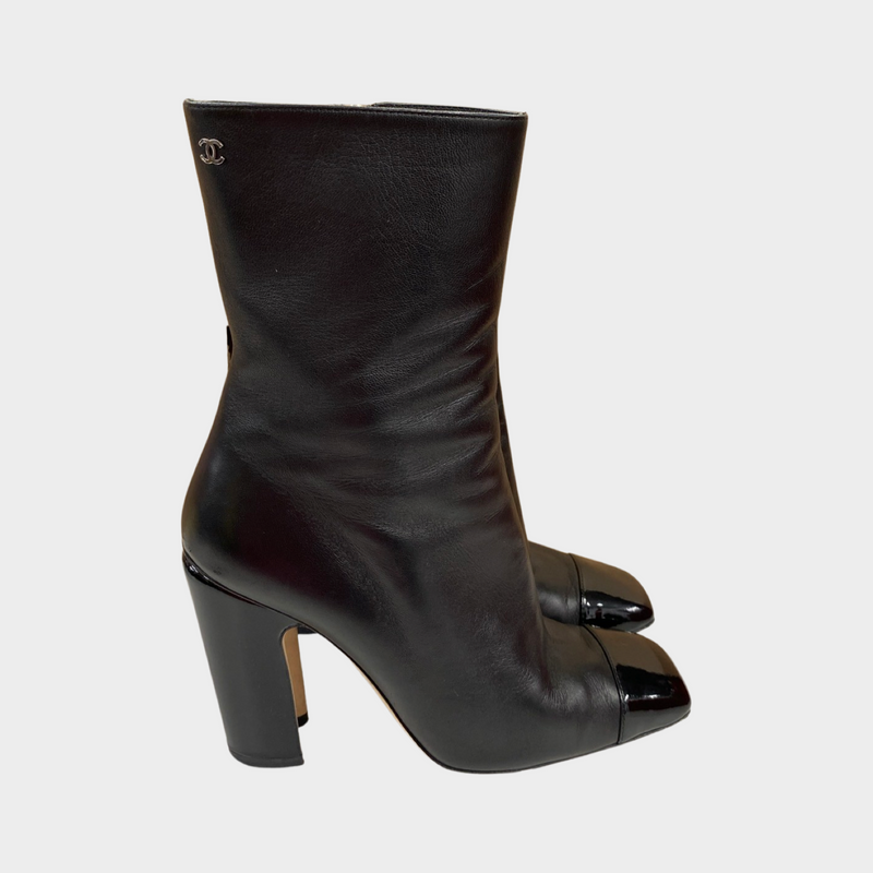 Chanel black leather boots with patent leather front