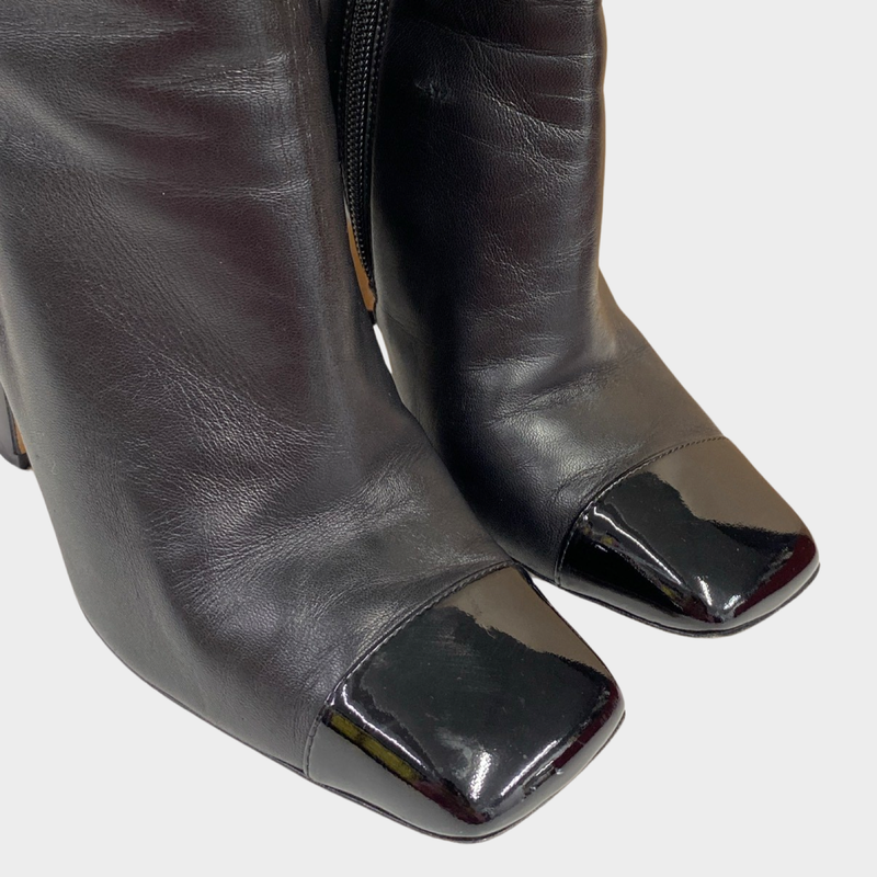 Chanel black leather boots with patent leather front