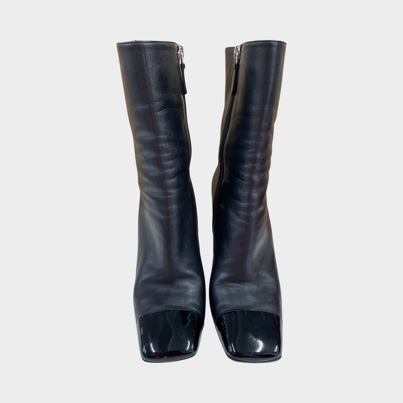 Chanel black leather boots with patent leather front