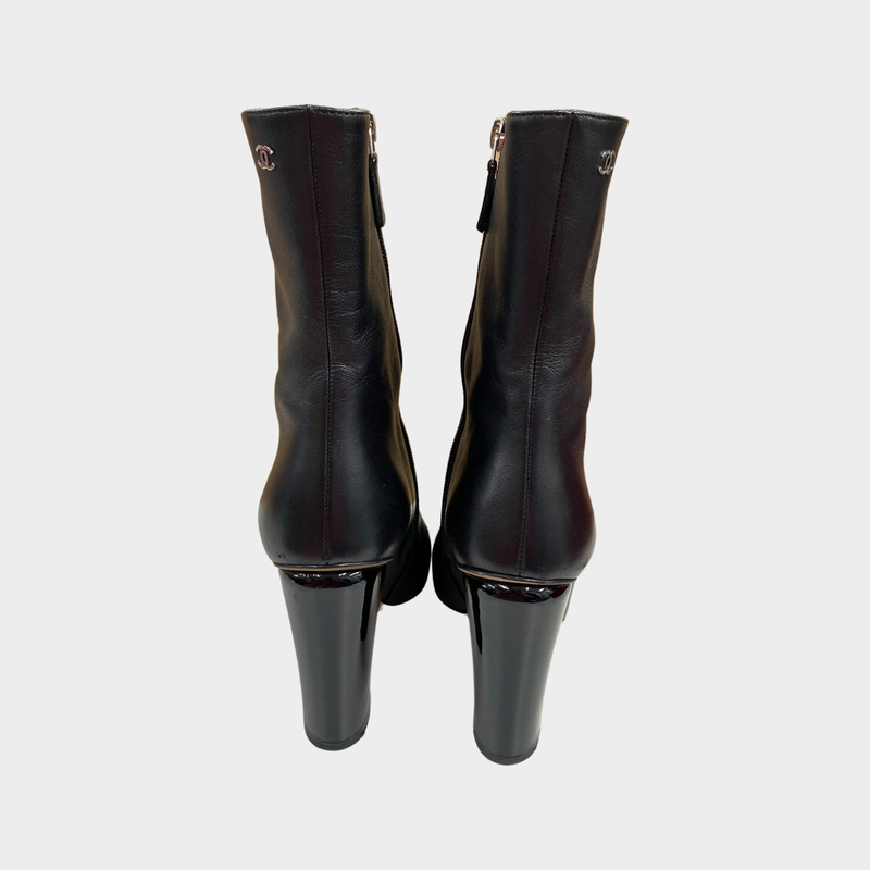 Chanel black leather boots with patent leather front