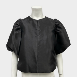 By Malina women's black cleo balloon sleeve satin blouse