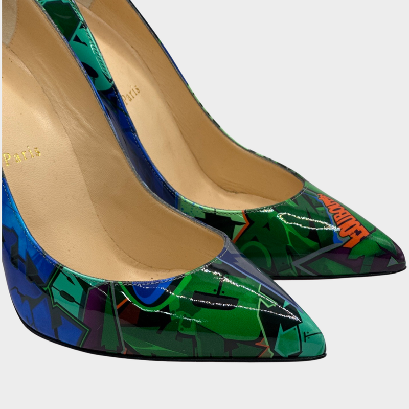 CHRISTIAN LOUBOUTIN blue and green patent leather graffiti pumps