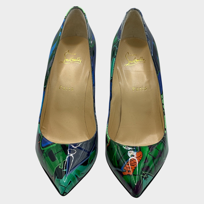 CHRISTIAN LOUBOUTIN blue and green patent leather graffiti pumps
