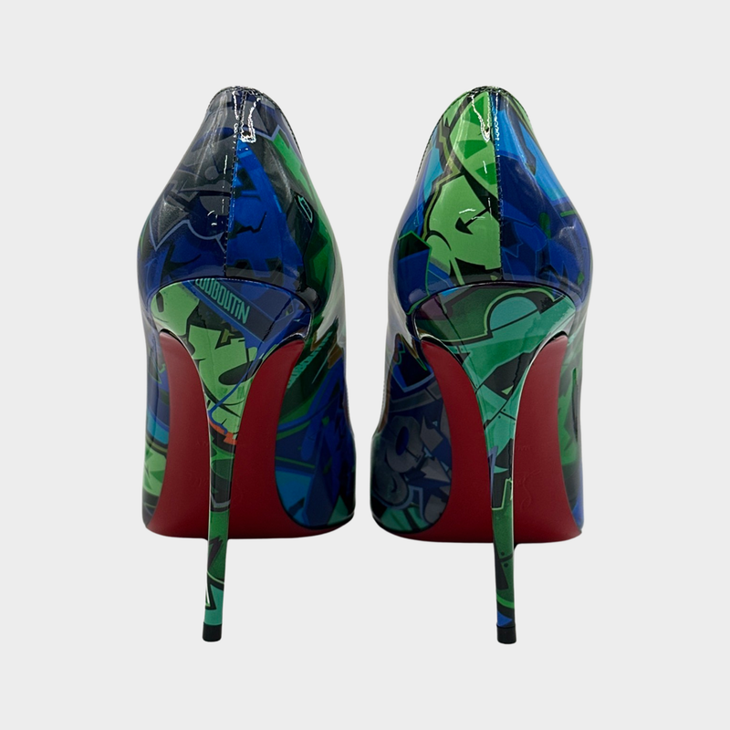 CHRISTIAN LOUBOUTIN blue and green patent leather graffiti pumps