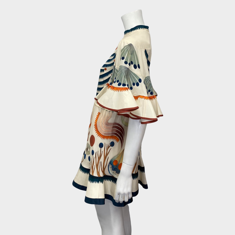 Chloe ecru and multicolour aztec print silk ruffle dress