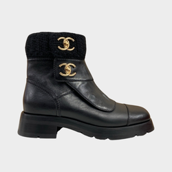 Chanel women's black leather block heel chelsea boots