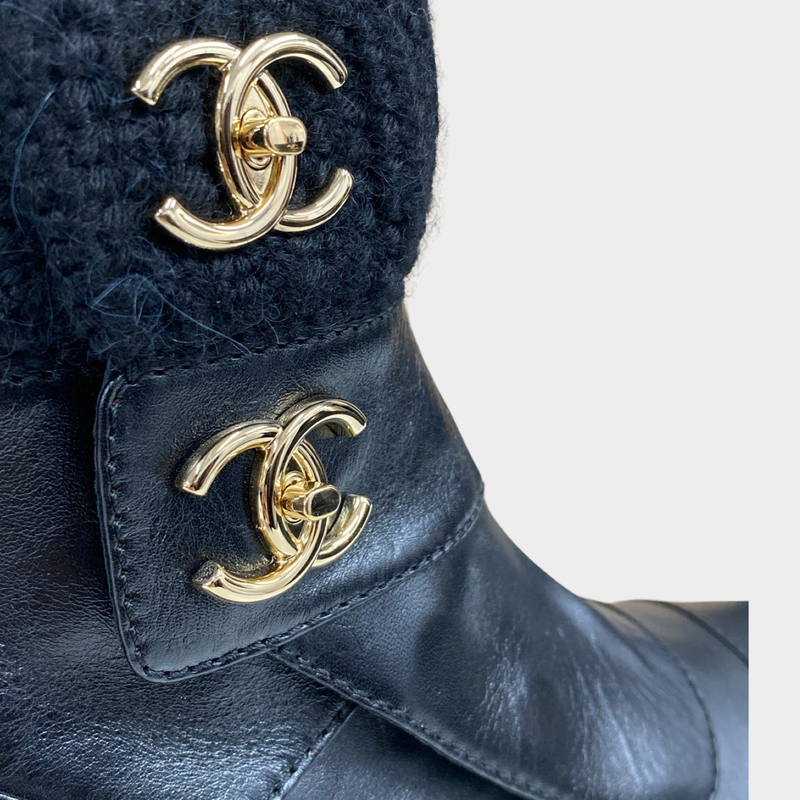 Chanel women's black leather block heel chelsea boots
