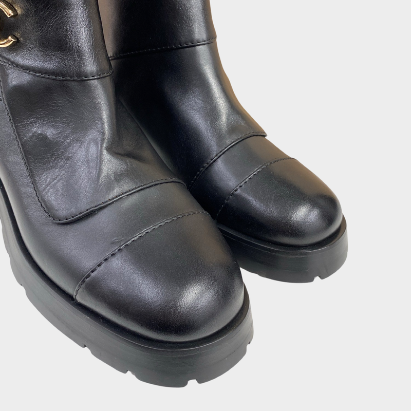 Chanel women's black leather block heel chelsea boots
