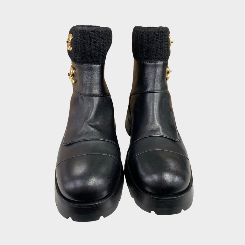 Chanel women's black leather block heel chelsea boots